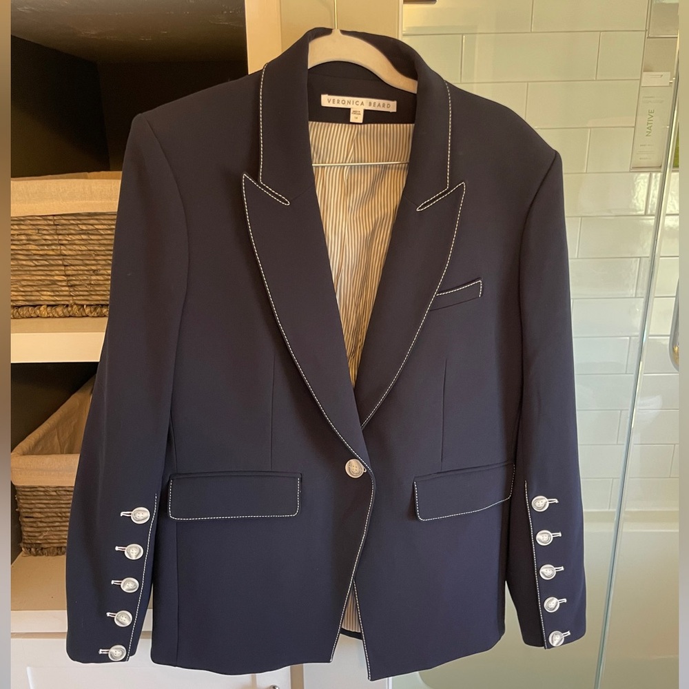 Veronica Beard Navy Blue Dickey Blazer with White Stitching
